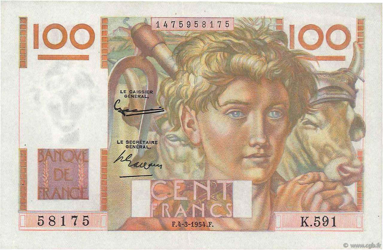 100 Francs JEUNE PAYSAN FRANCIA  1954 F.28.42 EBC+