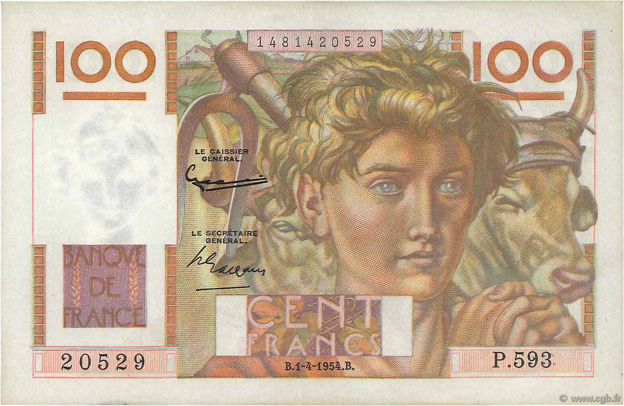 100 Francs JEUNE PAYSAN FRANCE  1954 F.28.43 XF+