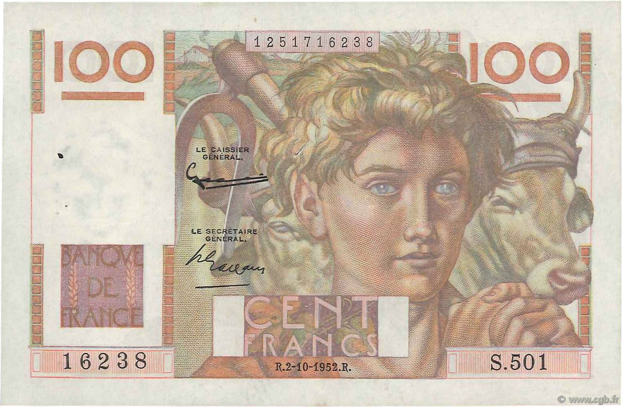 100 Francs JEUNE PAYSAN filigrane inversé FRANCE  1952 F.28bis.01 VF