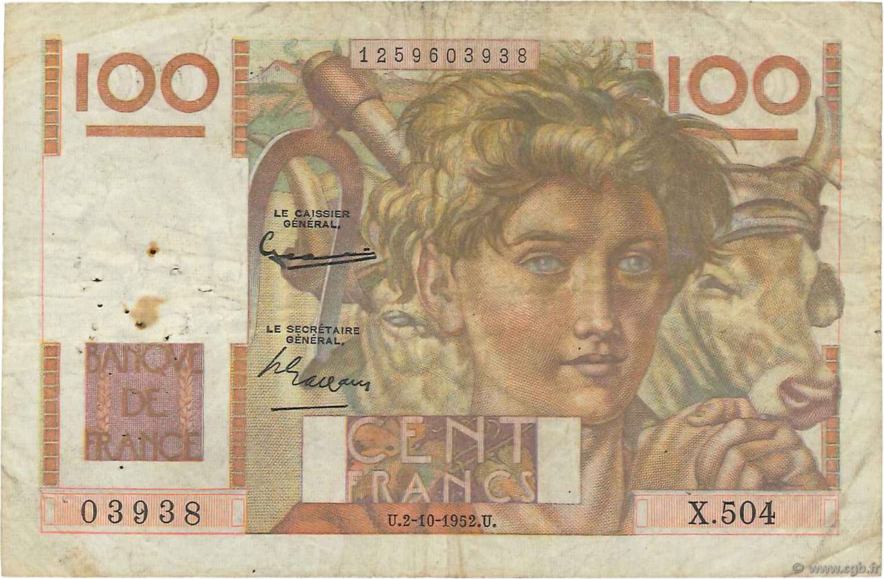 100 Francs JEUNE PAYSAN filigrane inversé FRANCIA  1952 F.28bis.01 q.MB