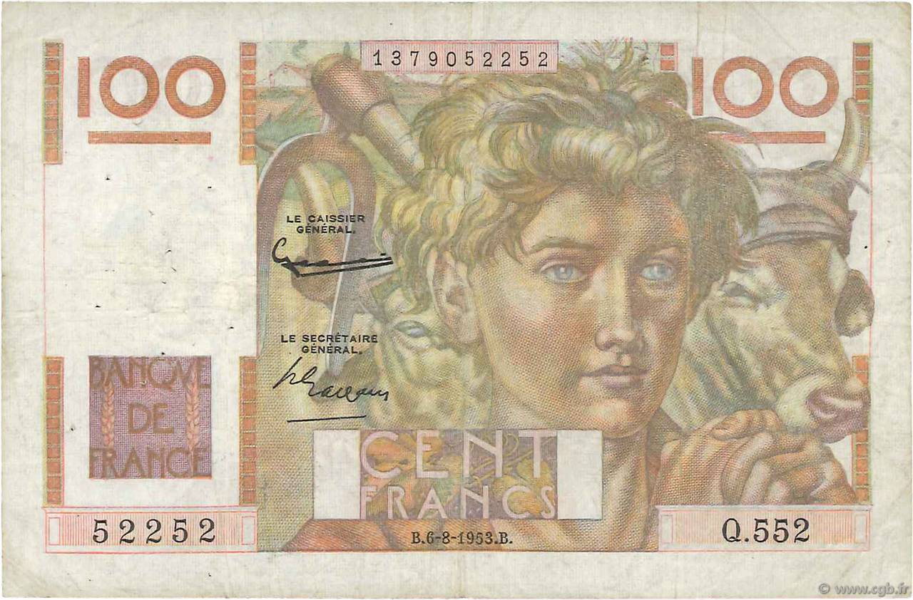 100 Francs JEUNE PAYSAN filigrane inversé FRANCE  1952 F.28bis.02 F