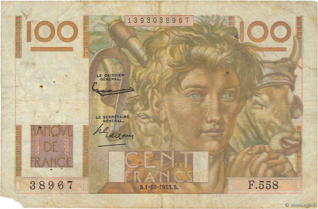 100 Francs JEUNE PAYSAN filigrane inversé FRANCIA  1953 F.28bis.03 B