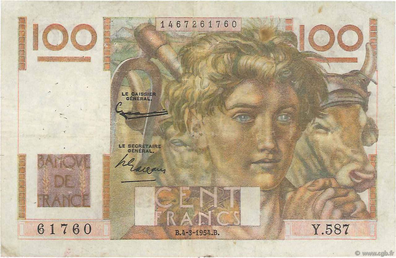 100 Francs JEUNE PAYSAN filigrane inversé FRANKREICH  1954 F.28bis.05 S