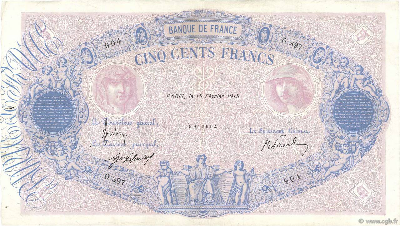 500 Francs BLEU ET ROSE FRANCIA  1915 F.30.22 MBC