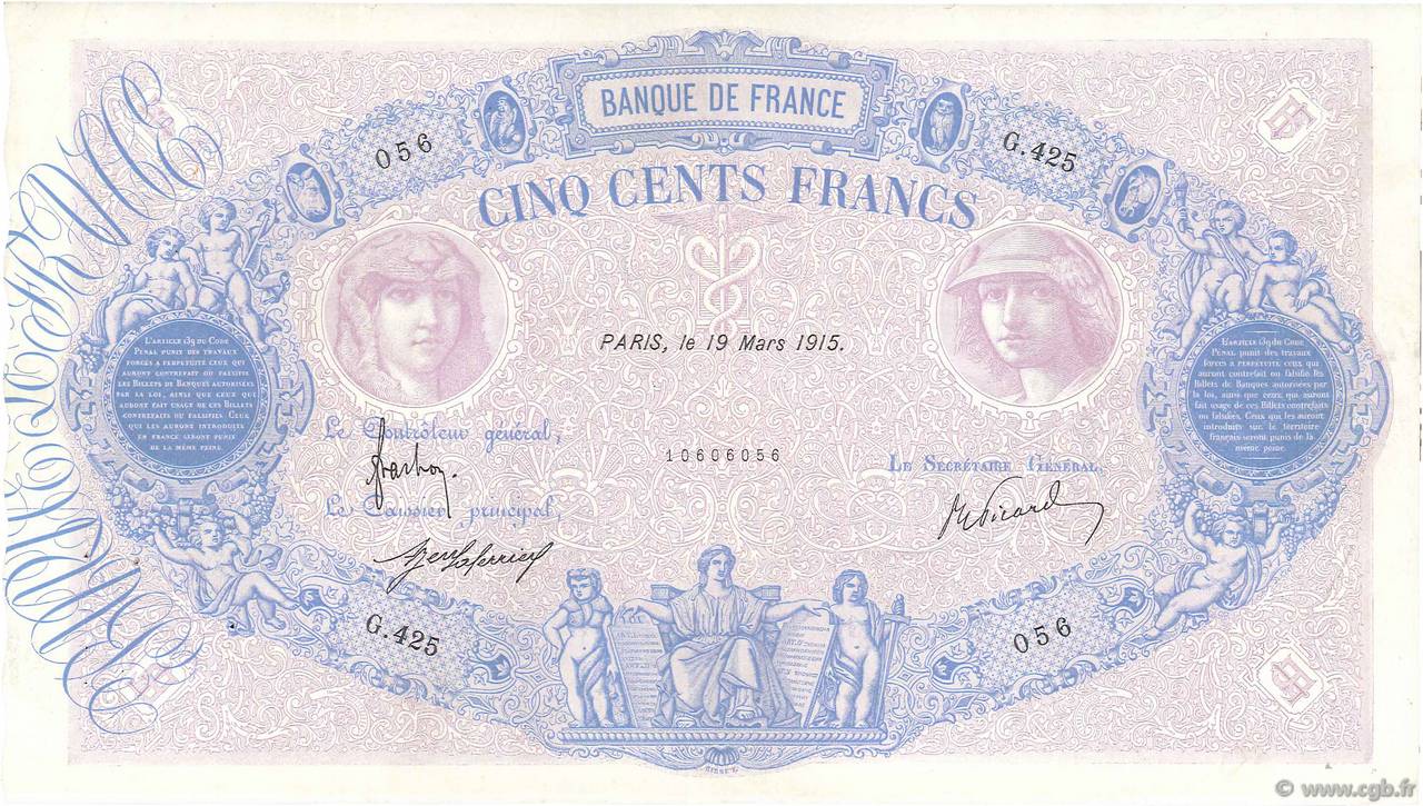 500 Francs BLEU ET ROSE FRANCE  1915 F.30.22 VF