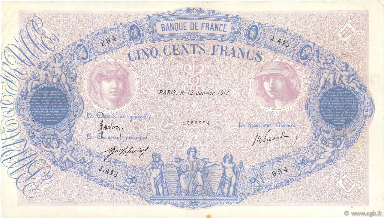 500 Francs BLEU ET ROSE FRANCIA  1917 F.30.23 MBC