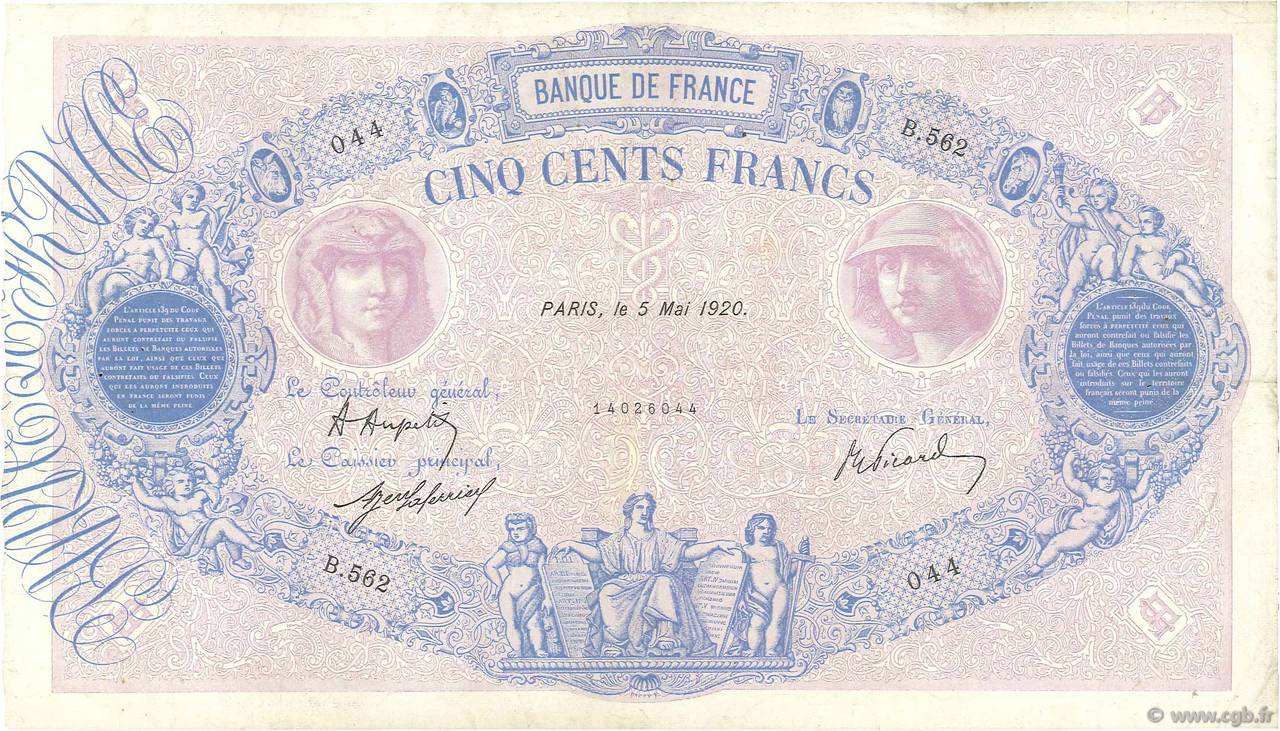 500 Francs BLEU ET ROSE FRANKREICH  1920 F.30.24 SS