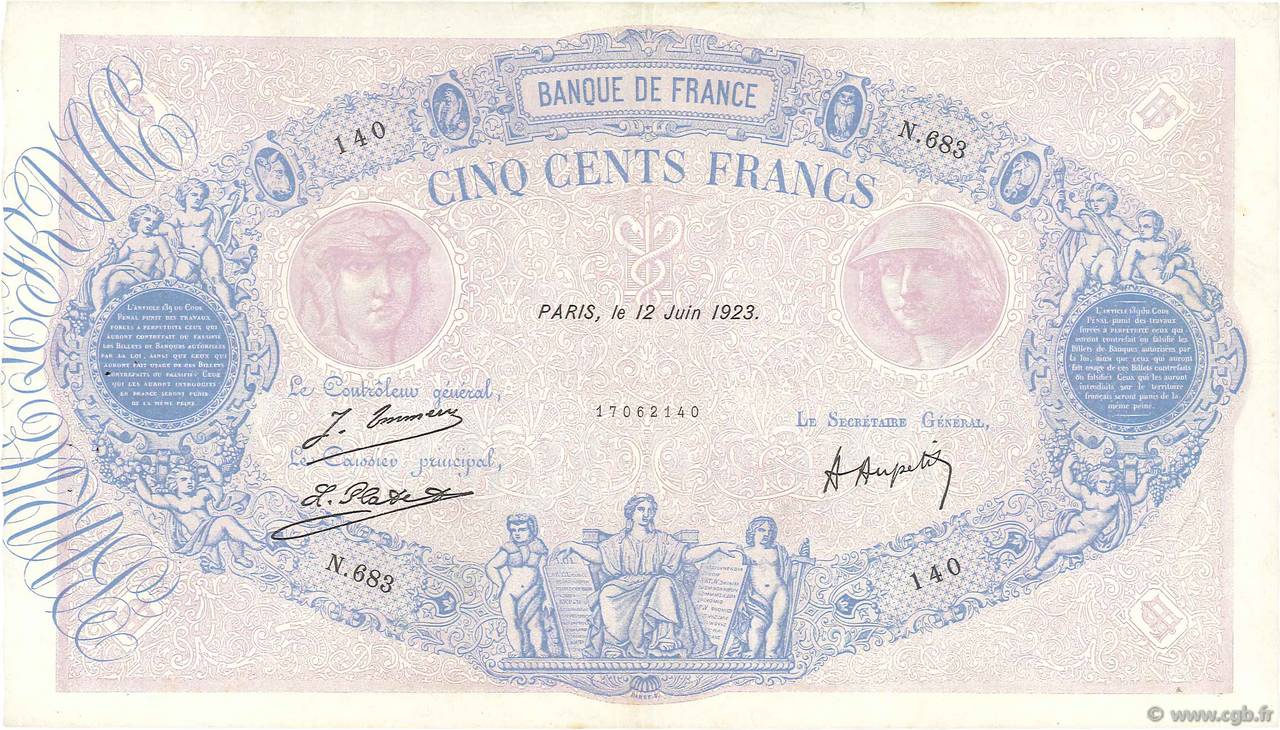 500 Francs BLEU ET ROSE FRANCIA  1923 F.30.27 MBC
