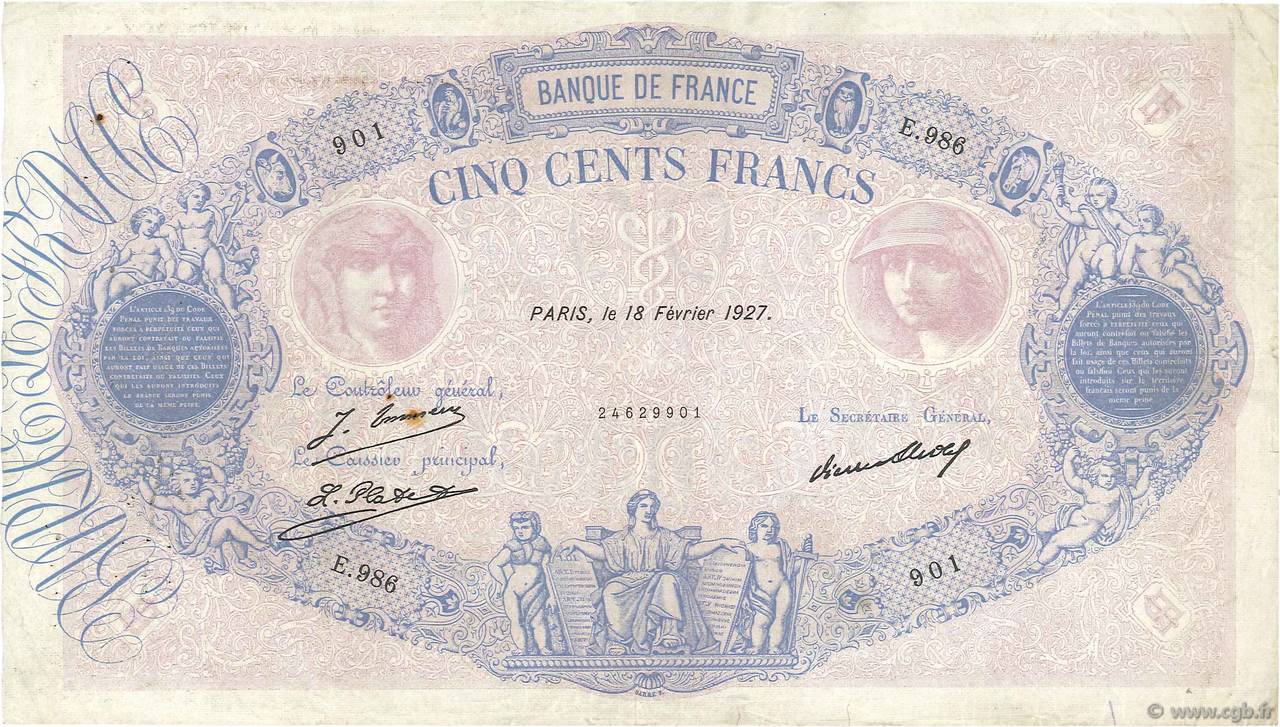 500 Francs BLEU ET ROSE FRANCIA  1927 F.30.30 BC+
