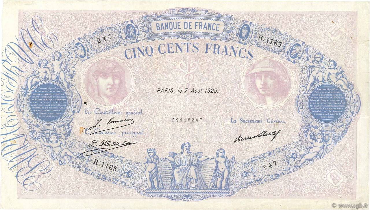 500 Francs BLEU ET ROSE FRANCIA  1929 F.30.32 q.BB
