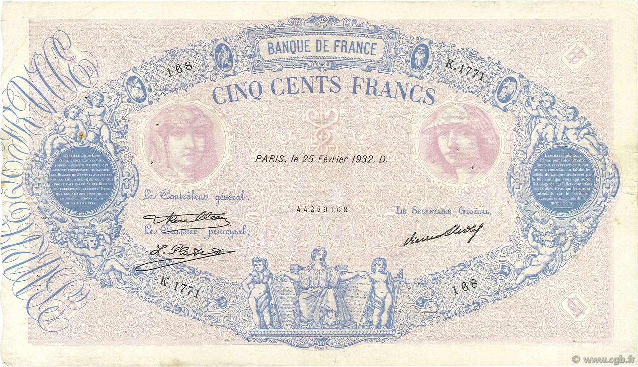500 Francs BLEU ET ROSE FRANCE  1932 F.30.35 pr.TTB