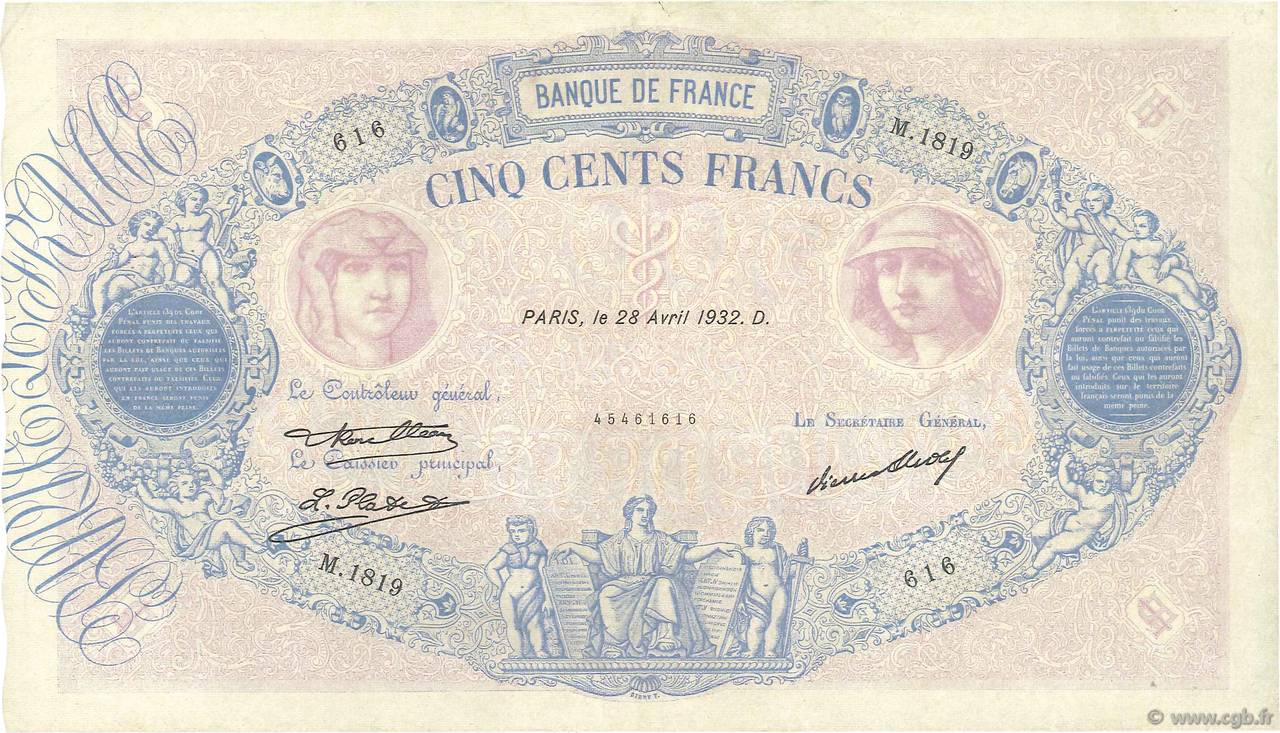500 Francs BLEU ET ROSE FRANCIA  1932 F.30.35 BB