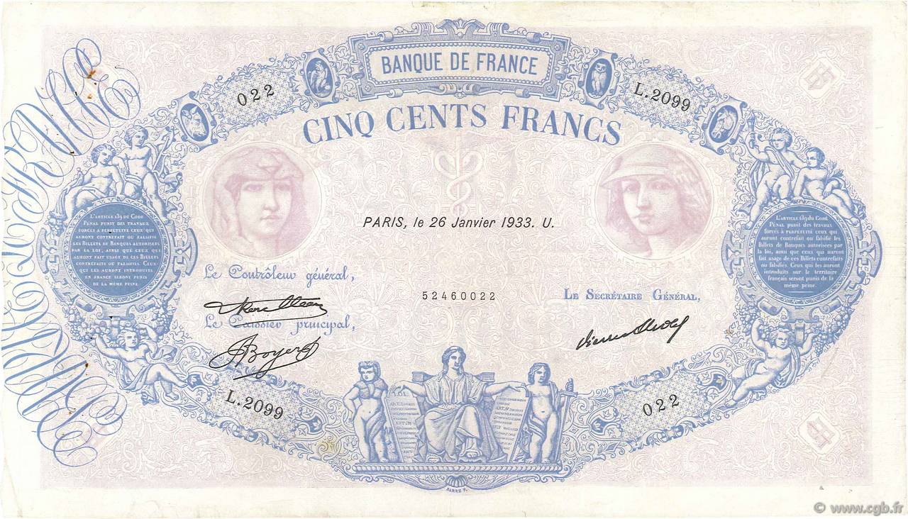 500 Francs BLEU ET ROSE FRANCIA  1933 F.30.36 BB