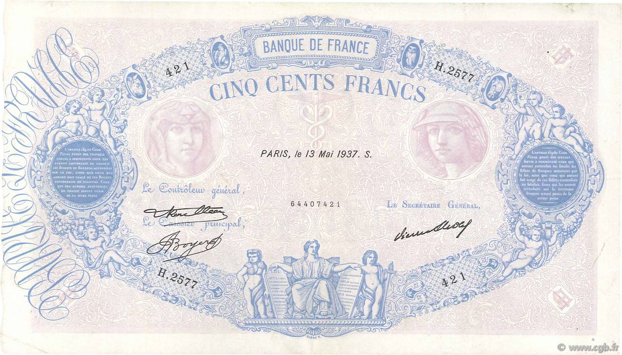 500 Francs BLEU ET ROSE FRANKREICH  1937 F.30.38 fSS