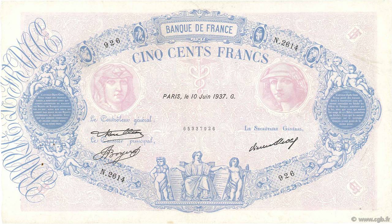 500 Francs BLEU ET ROSE FRANCE  1937 F.30.38 F+