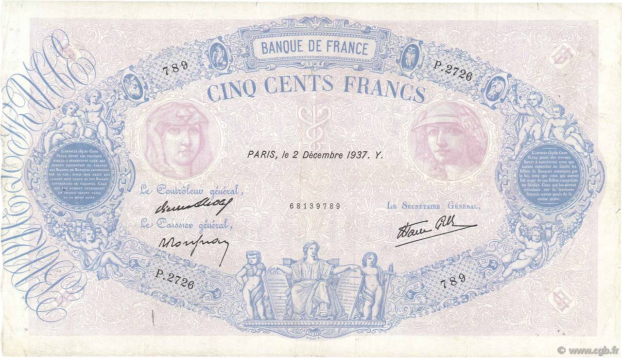 500 Francs BLEU ET ROSE modifié FRANKREICH  1937 F.31.04 S