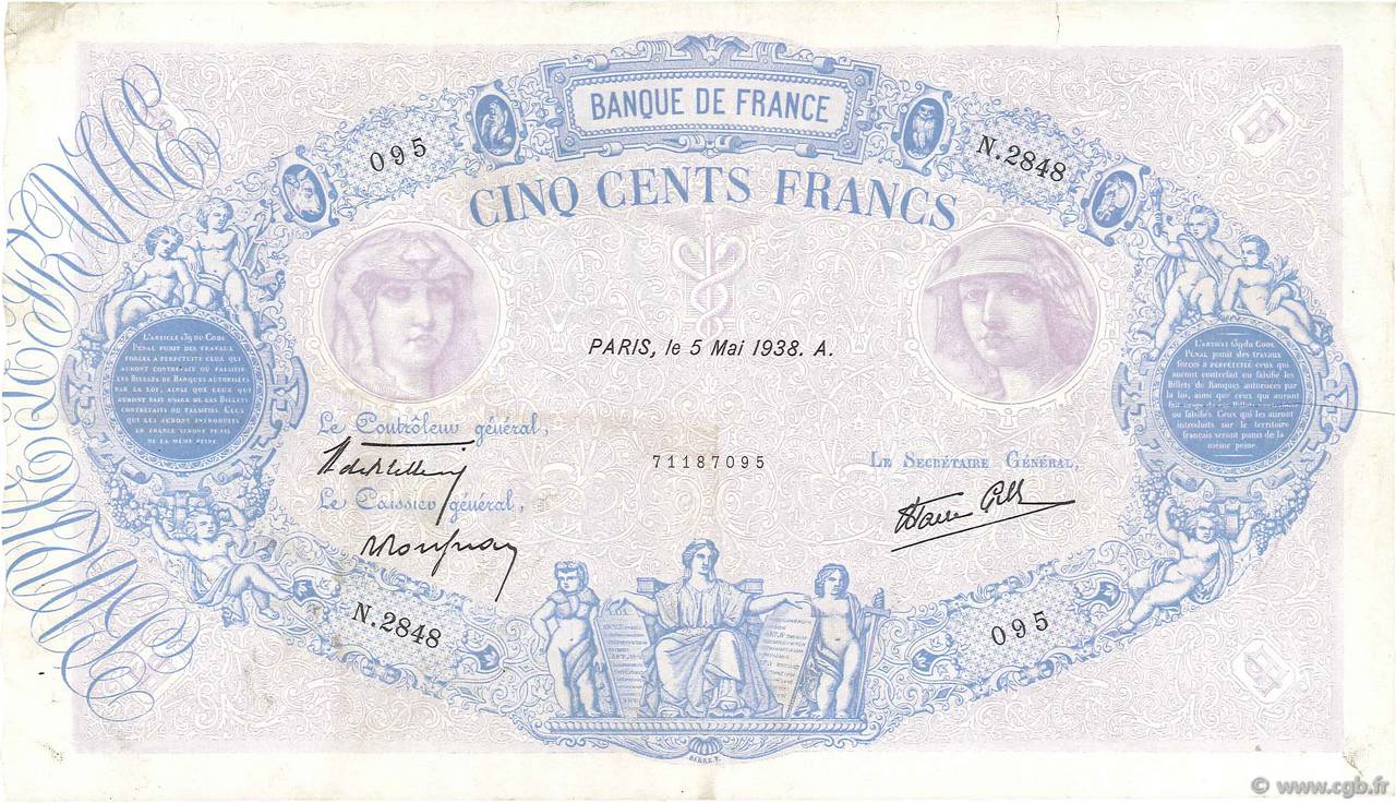 500 Francs BLEU ET ROSE modifié FRANCE  1938 F.31.10 VF