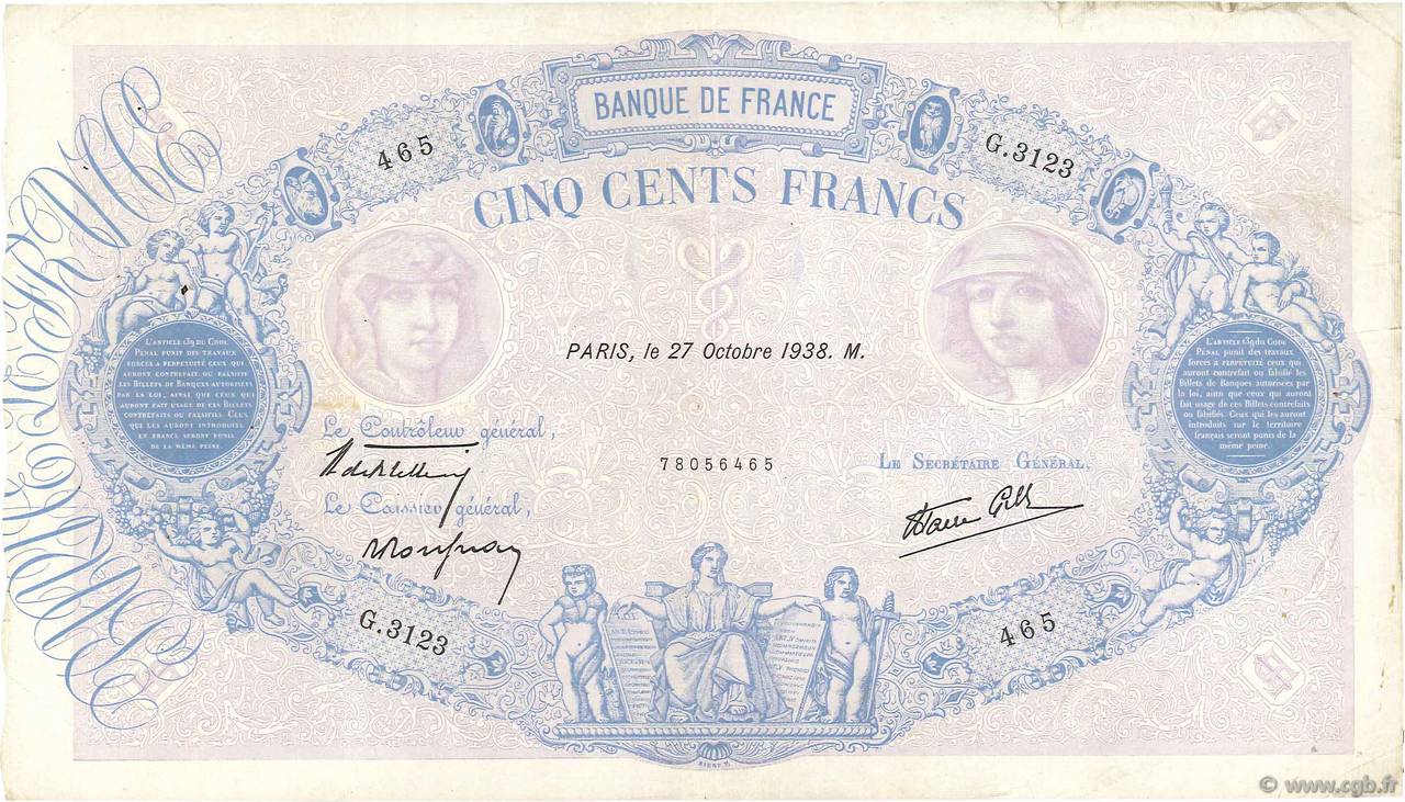500 Francs BLEU ET ROSE modifié FRANCIA  1938 F.31.21 BC+
