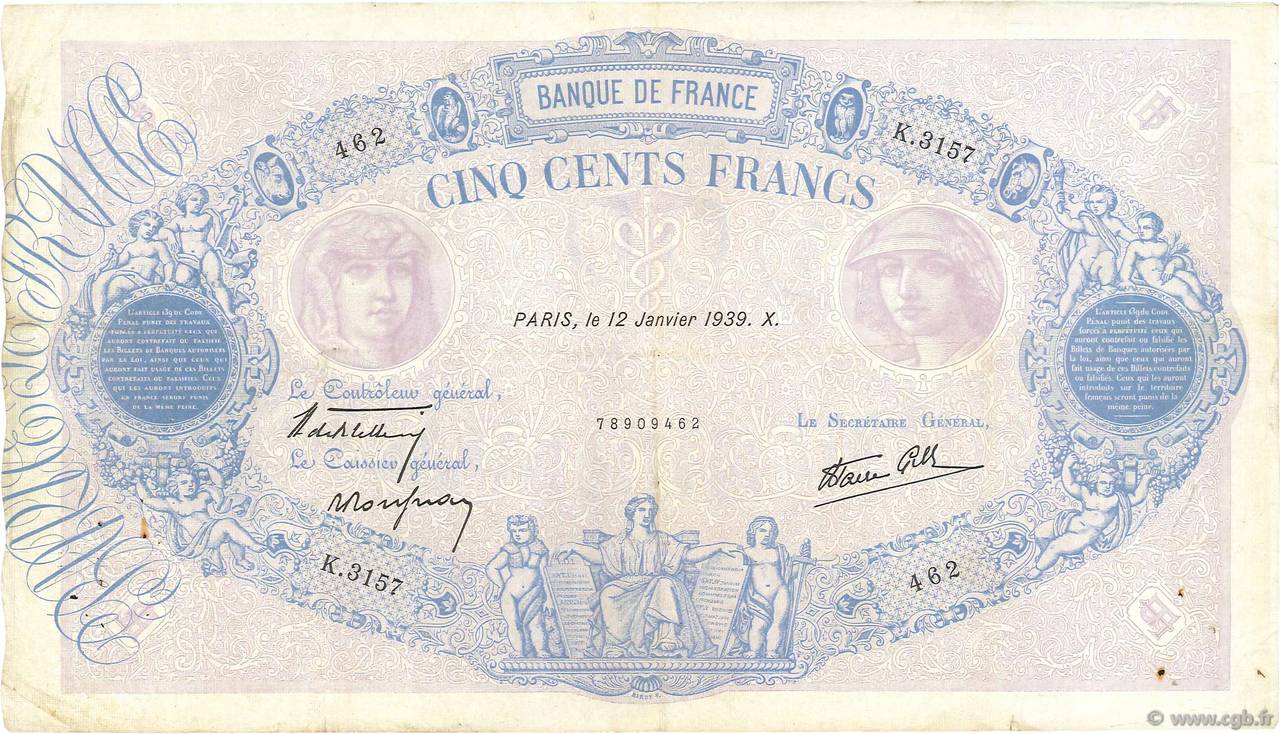 500 Francs BLEU ET ROSE modifié FRANKREICH  1939 F.31.22 S