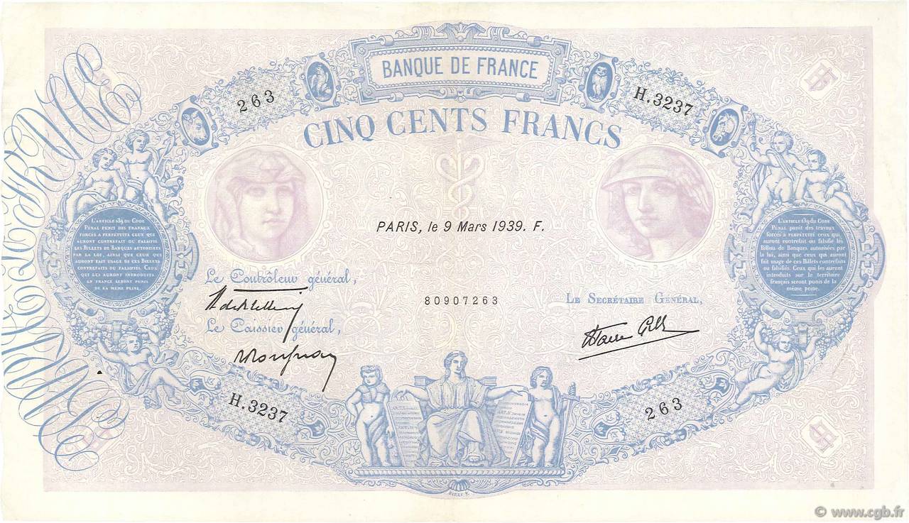 500 Francs BLEU ET ROSE modifié FRANKREICH  1939 F.31.26 fVZ