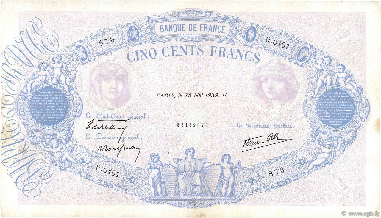 500 Francs BLEU ET ROSE modifié FRANCE  1939 F.31.33 F+