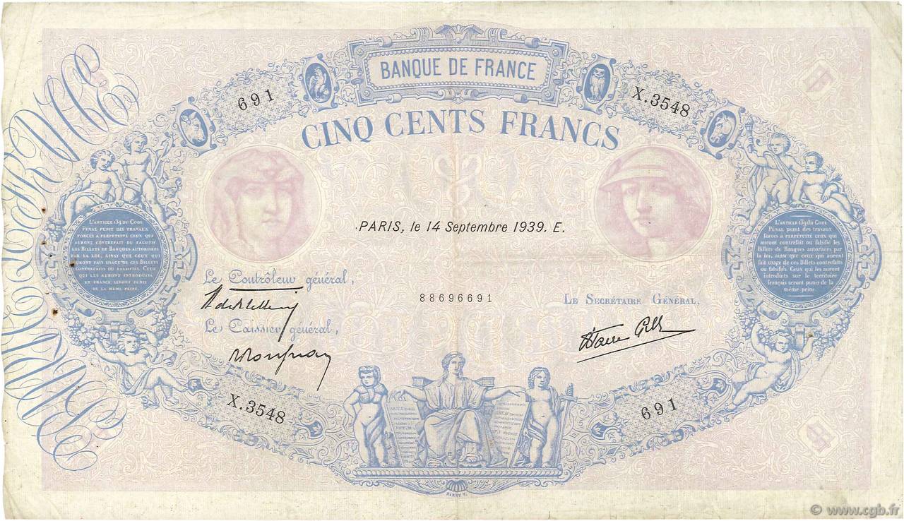 500 Francs BLEU ET ROSE modifié FRANKREICH  1939 F.31.39 fSS