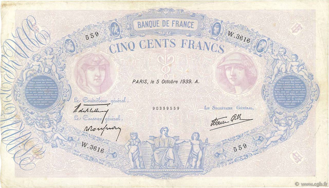 500 Francs BLEU ET ROSE modifié FRANCE  1939 F.31.42 TB+