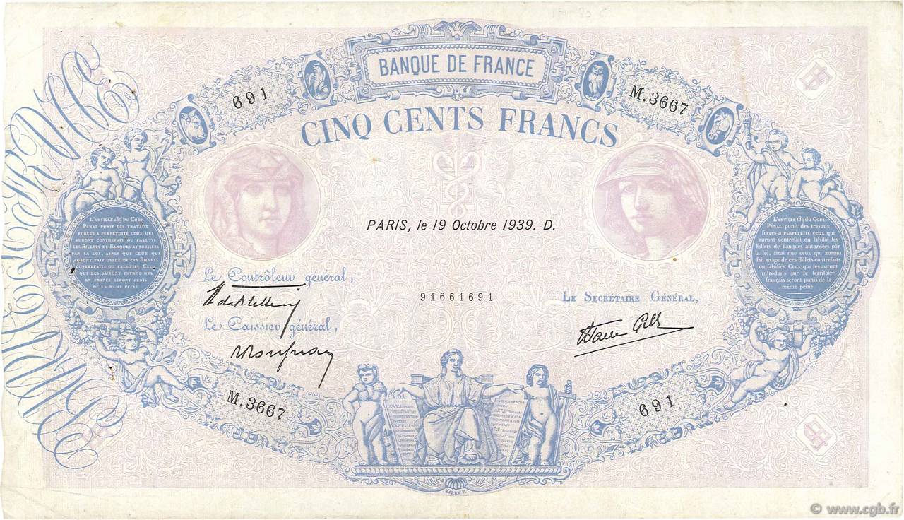 500 Francs BLEU ET ROSE modifié FRANCIA  1939 F.31.44 BC