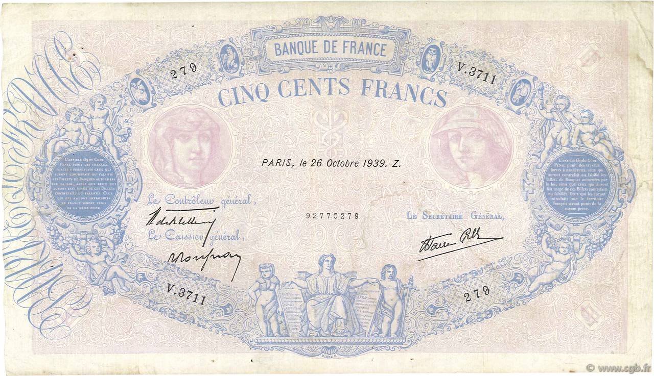 500 Francs BLEU ET ROSE modifié FRANCE  1939 F.31.45 F