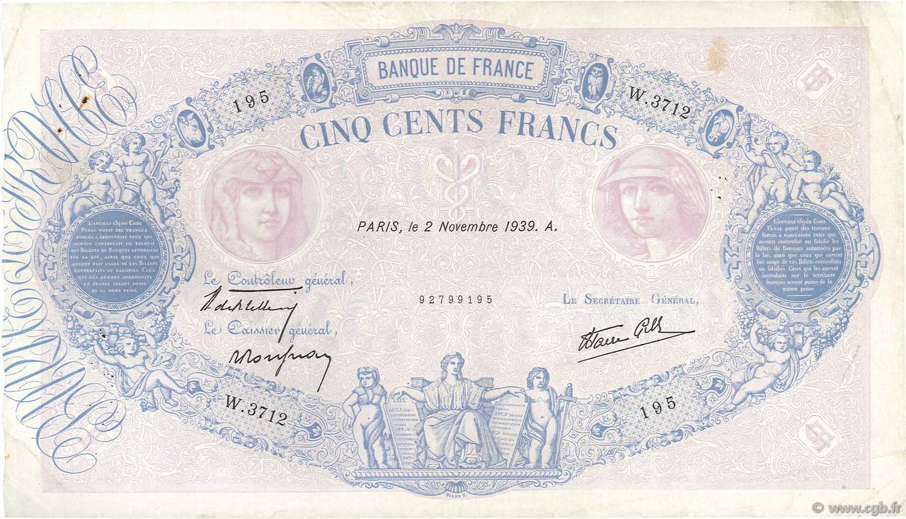 500 Francs BLEU ET ROSE modifié FRANCIA  1939 F.31.46 MB
