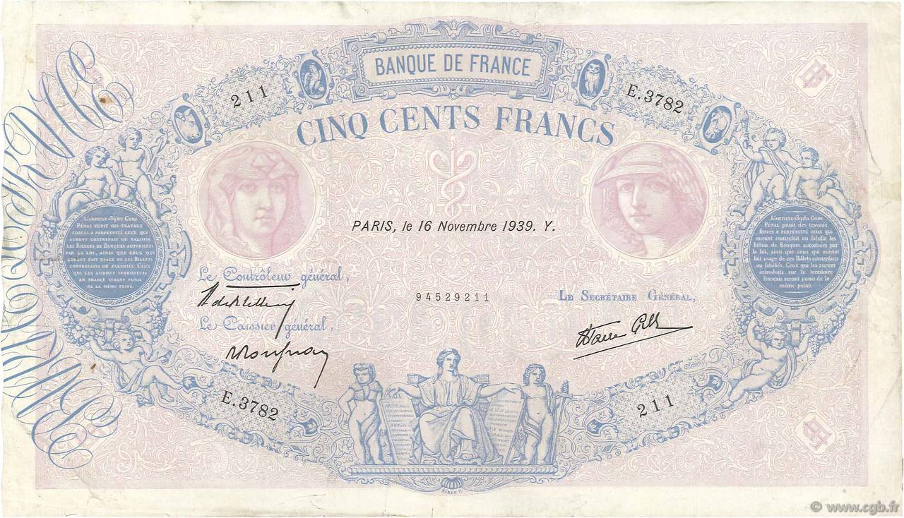 500 Francs BLEU ET ROSE modifié FRANKREICH  1939 F.31.48 fSS