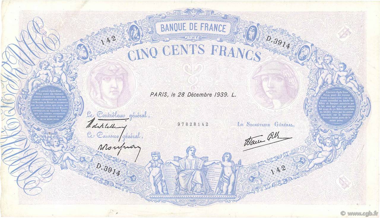 500 Francs BLEU ET ROSE modifié FRANCIA  1939 F.31.54 MBC