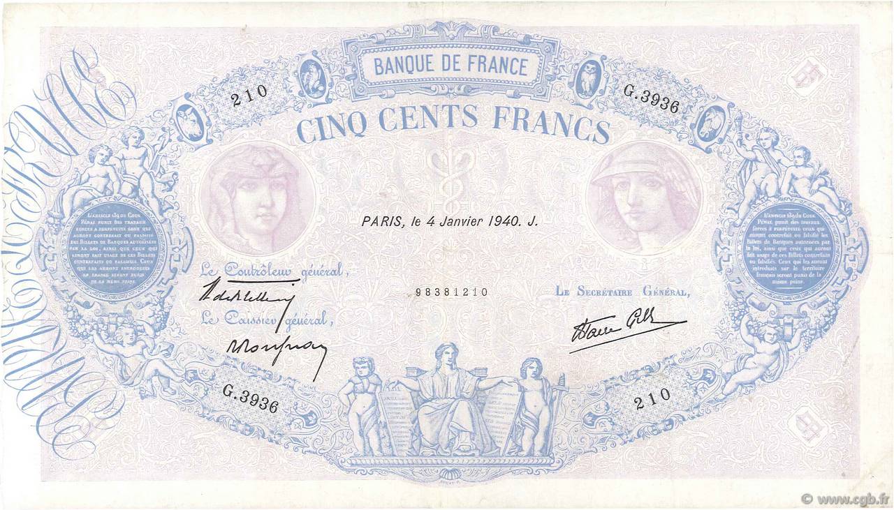 500 Francs BLEU ET ROSE modifié FRANCE  1940 F.31.55 TTB