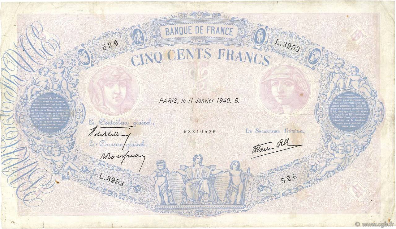 500 Francs BLEU ET ROSE modifié FRANKREICH  1940 F.31.56 S
