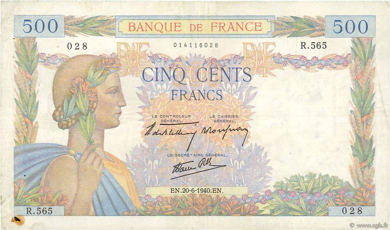 500 Francs LA PAIX FRANCIA  1940 F.32.03 BC+
