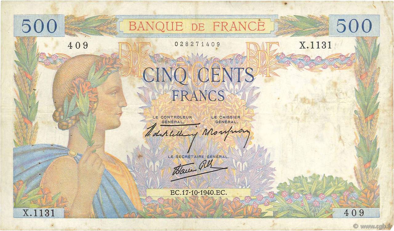 500 Francs LA PAIX FRANCIA  1940 F.32.07 MB