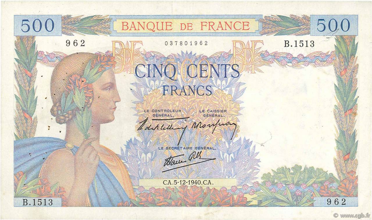 500 Francs LA PAIX FRANKREICH  1940 F.32.10 S