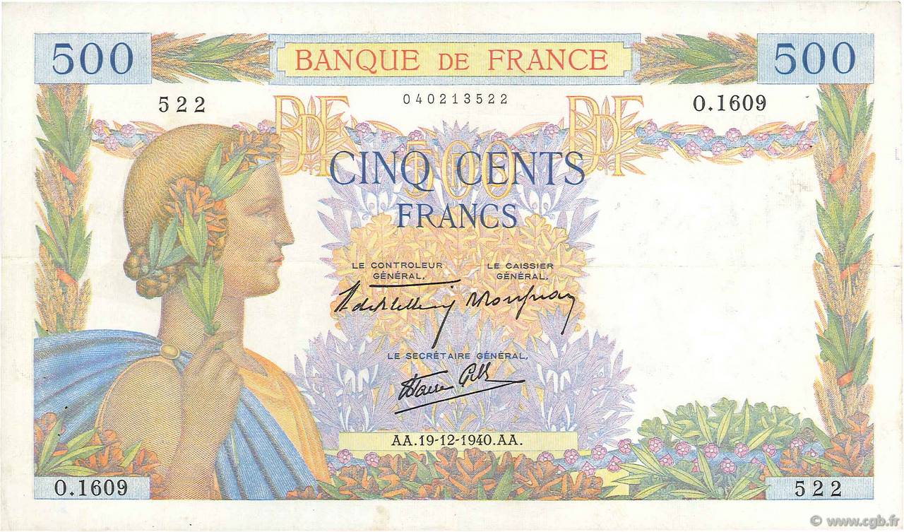 500 Francs LA PAIX FRANCE  1940 F.32.11 VF