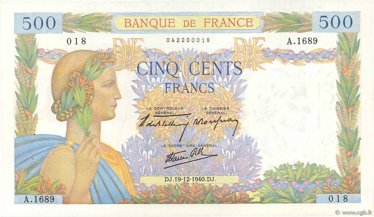 500 Francs LA PAIX FRANCE  1940 F.32.11 XF