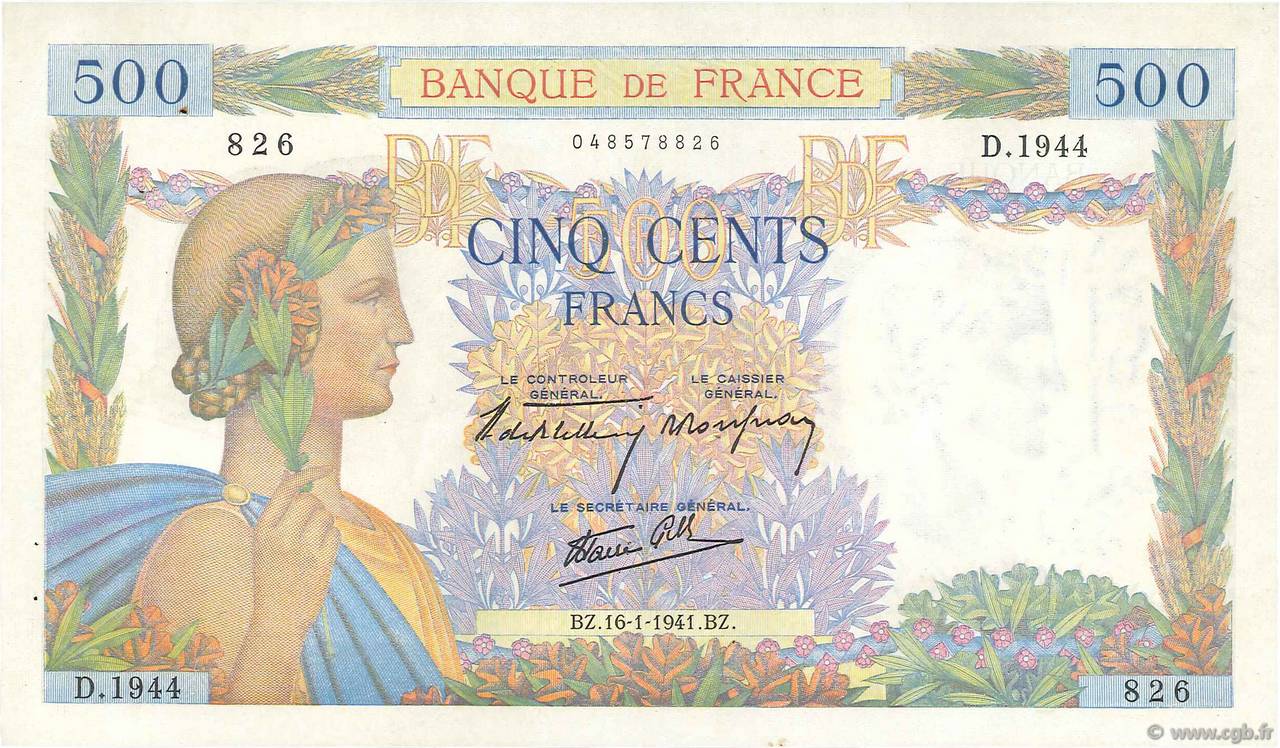 500 Francs LA PAIX FRANCIA  1941 F.32.13 EBC
