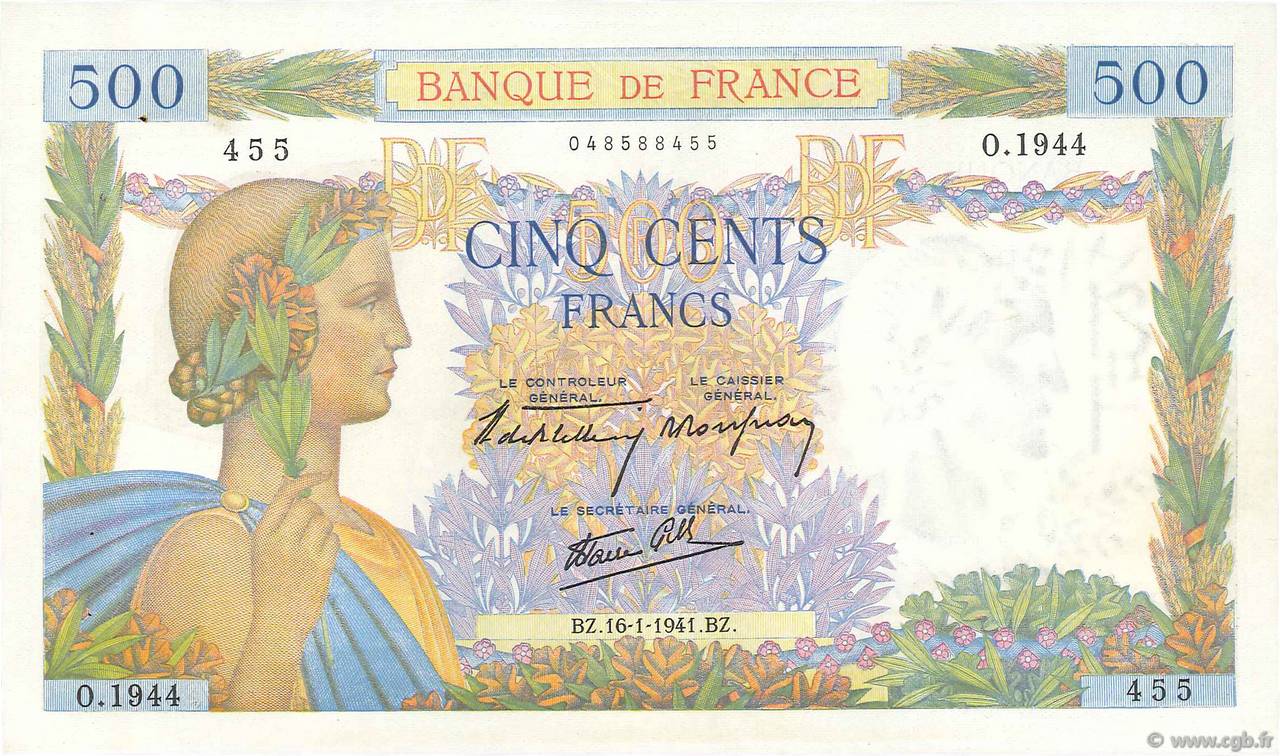 500 Francs LA PAIX FRANKREICH  1941 F.32.13 VZ