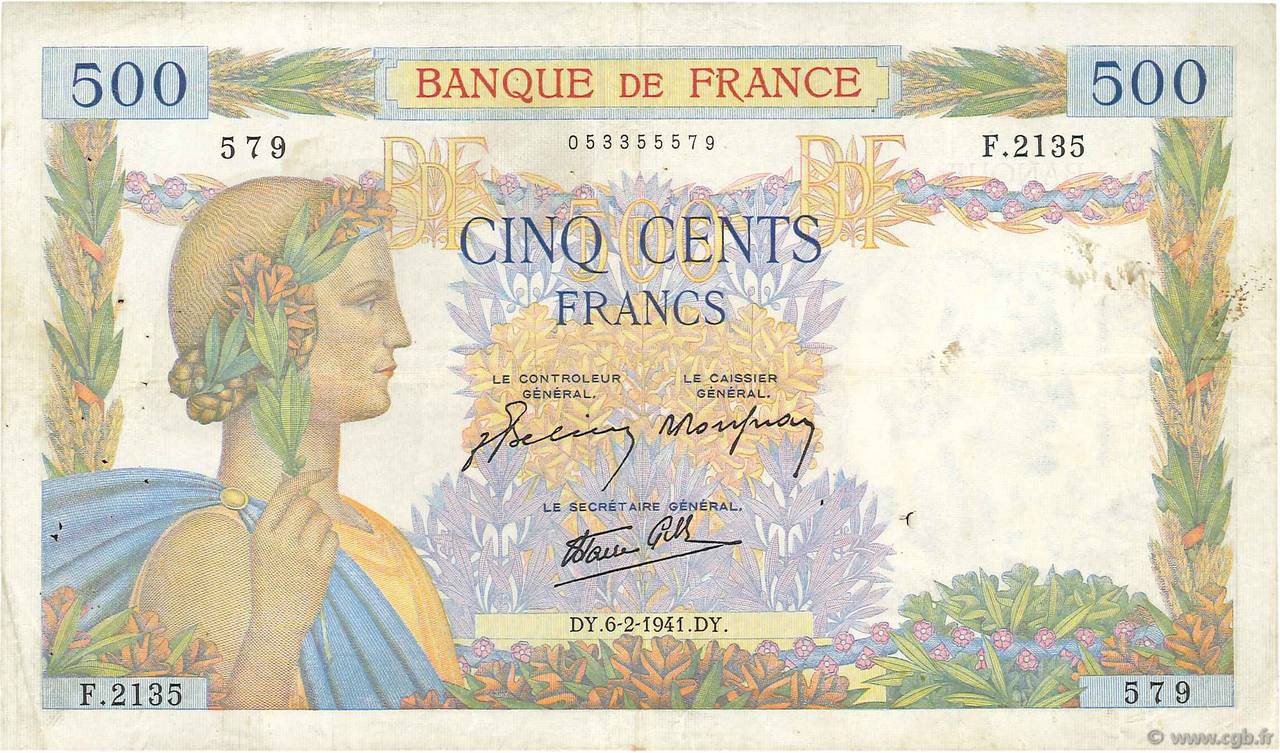 500 Francs LA PAIX FRANKREICH  1941 F.32.14 S