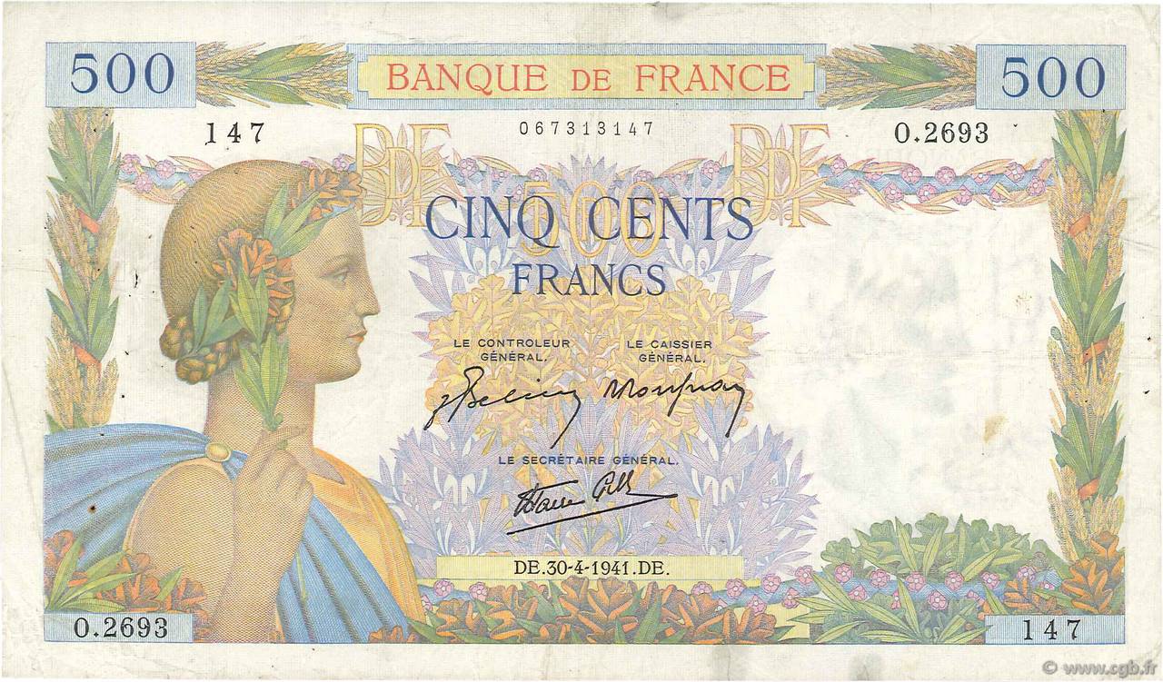 500 Francs LA PAIX FRANKREICH  1941 F.32.15 S