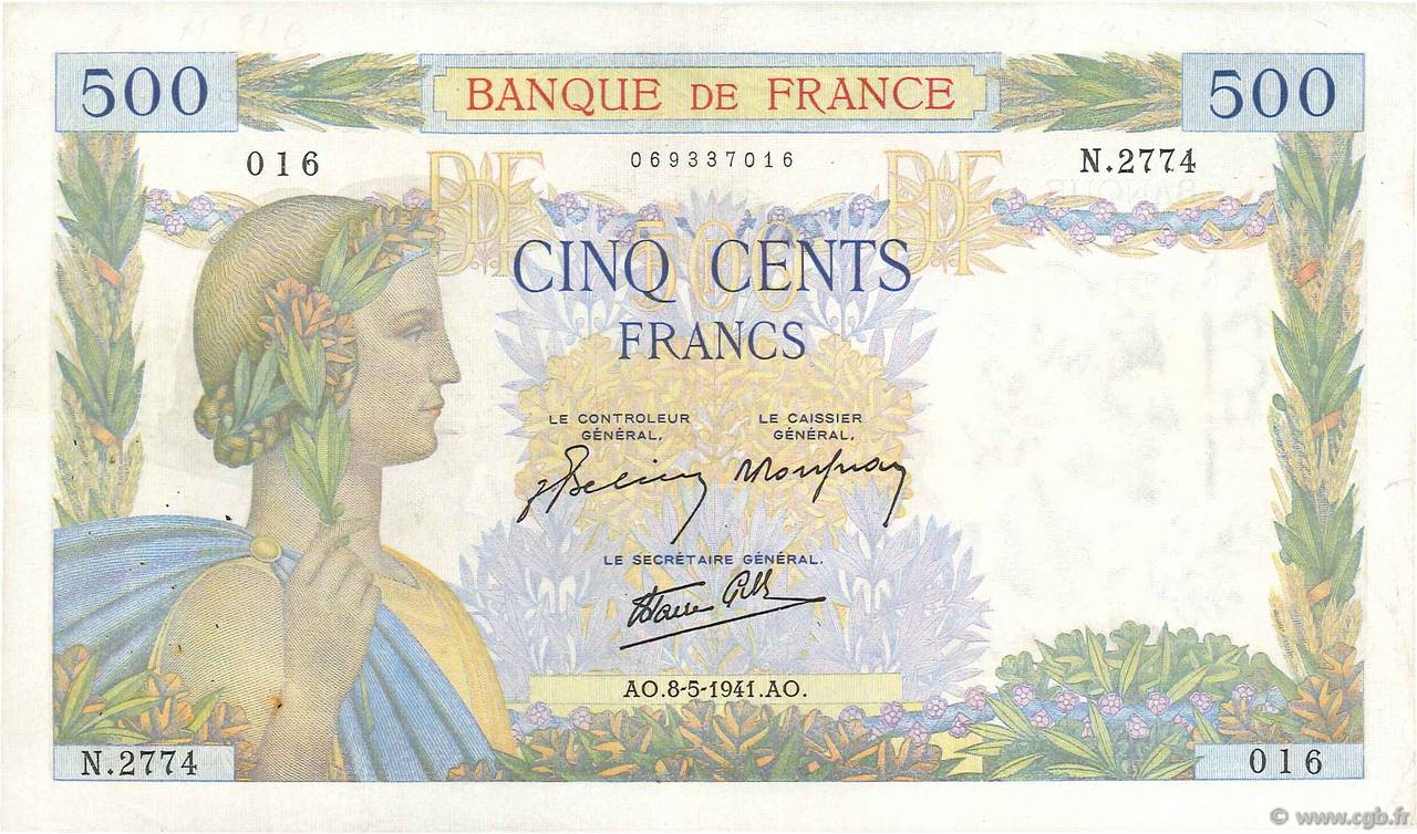 500 Francs LA PAIX FRANCIA  1941 F.32.16 MBC