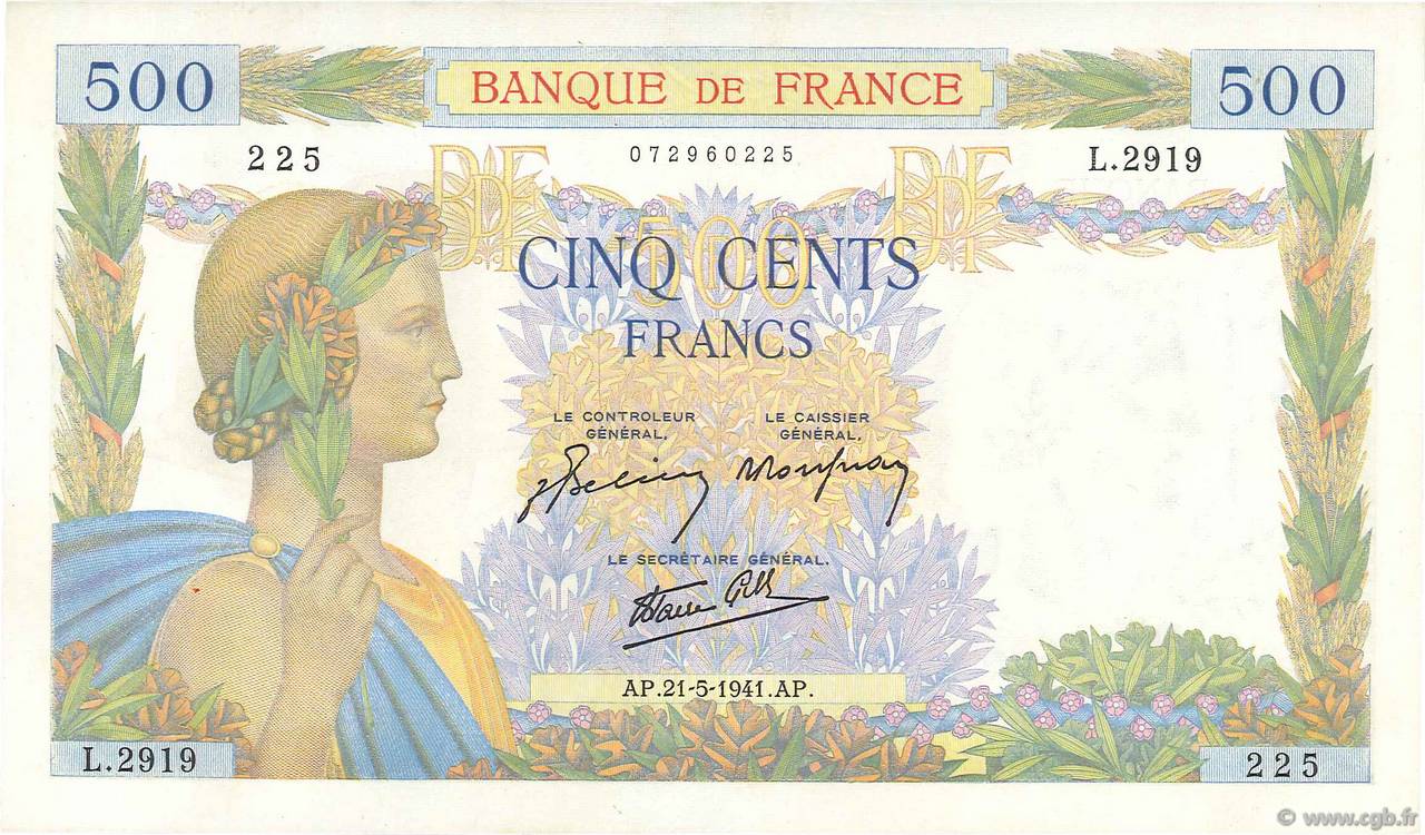 500 Francs LA PAIX FRANCIA  1941 F.32.17 q.FDC