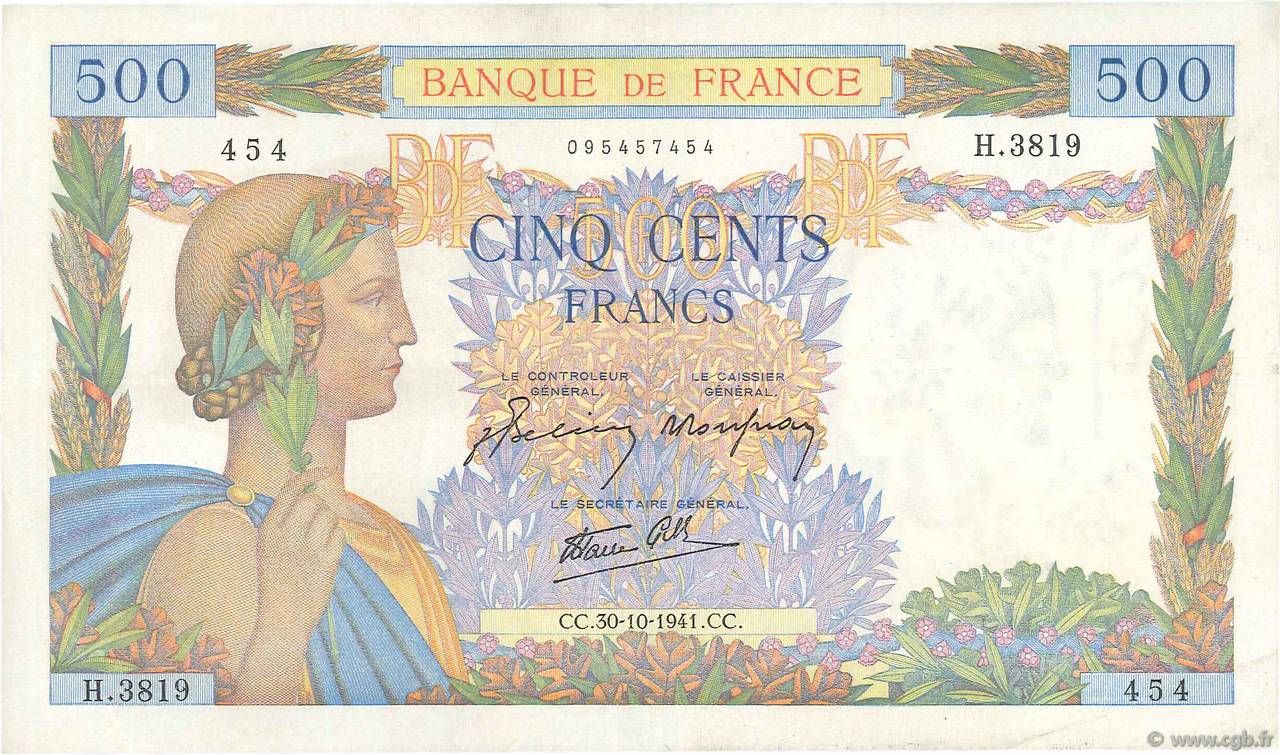 500 Francs LA PAIX FRANCE  1941 F.32.23 TTB+