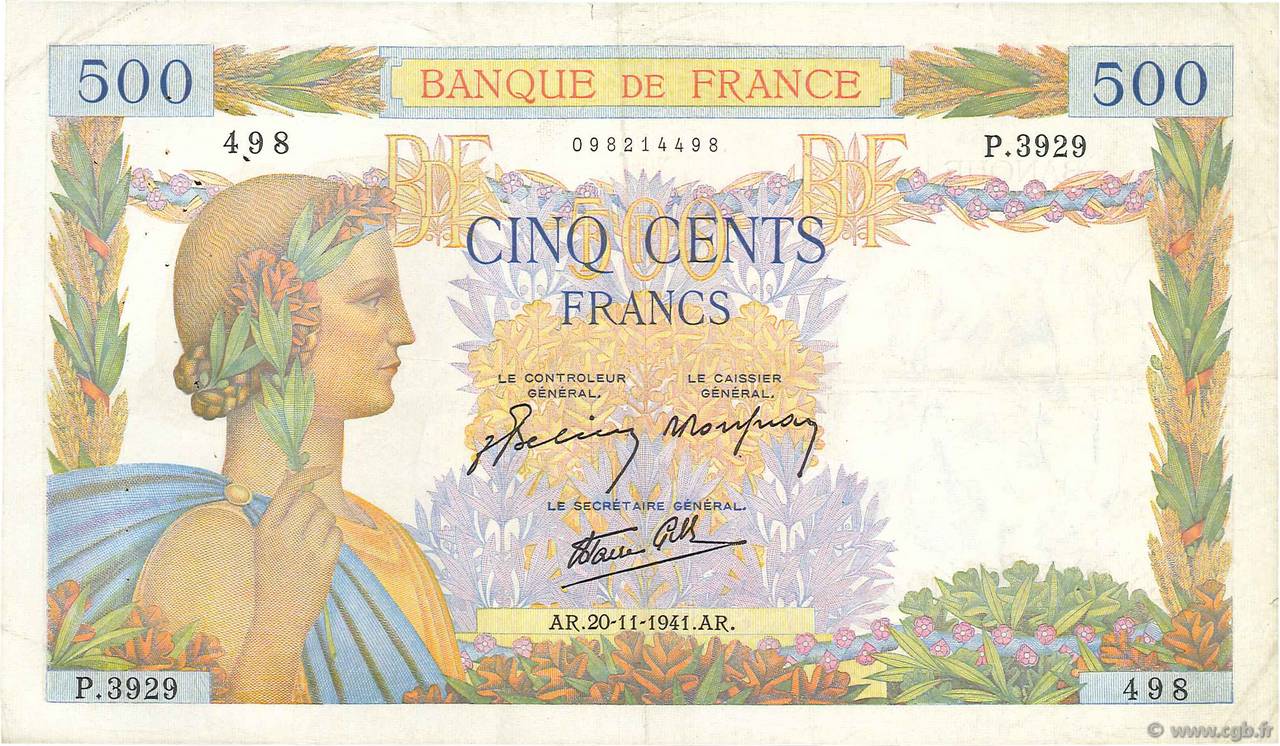 500 Francs LA PAIX FRANKREICH  1941 F.32.24 SS