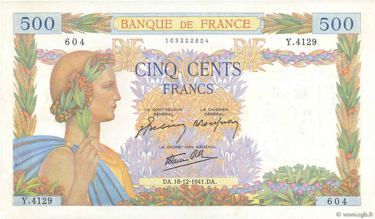 500 Francs LA PAIX FRANKREICH  1941 F.32.25 fST
