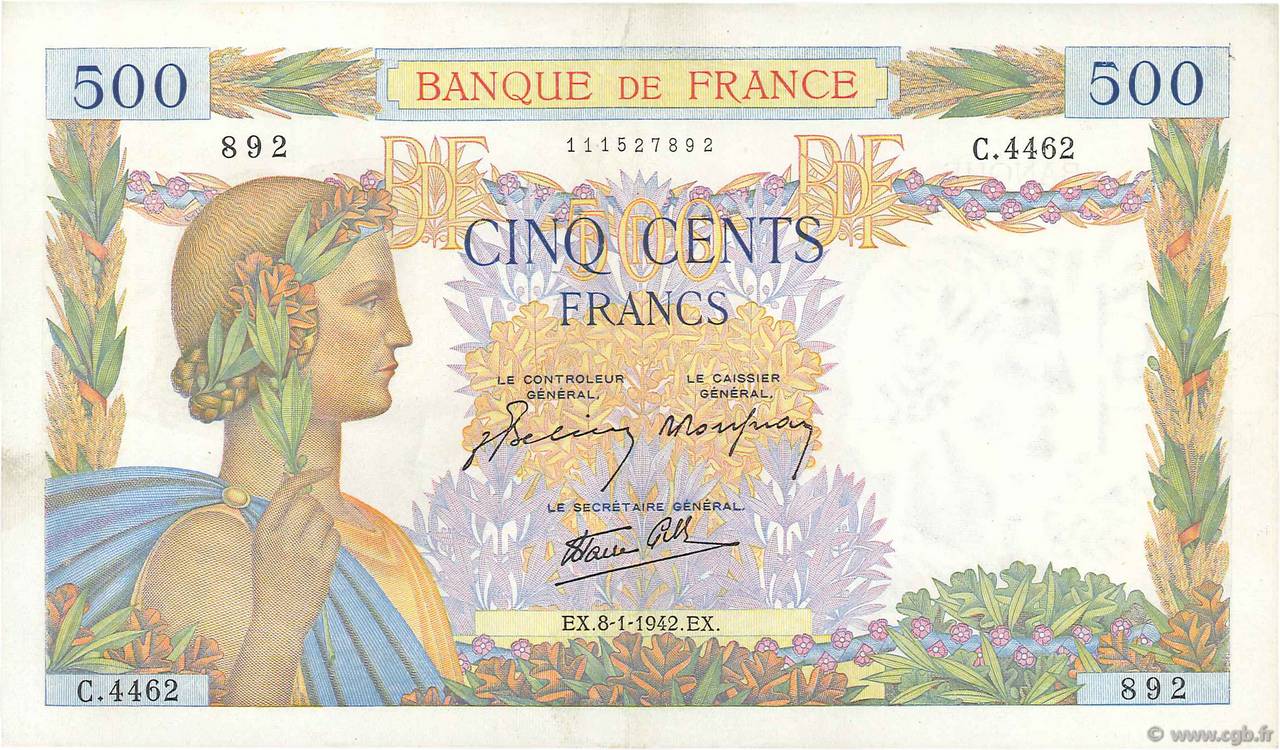 500 Francs LA PAIX FRANKREICH  1942 F.32.27 VZ
