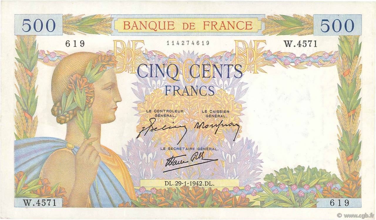 500 Francs LA PAIX FRANKREICH  1942 F.32.28 fST+